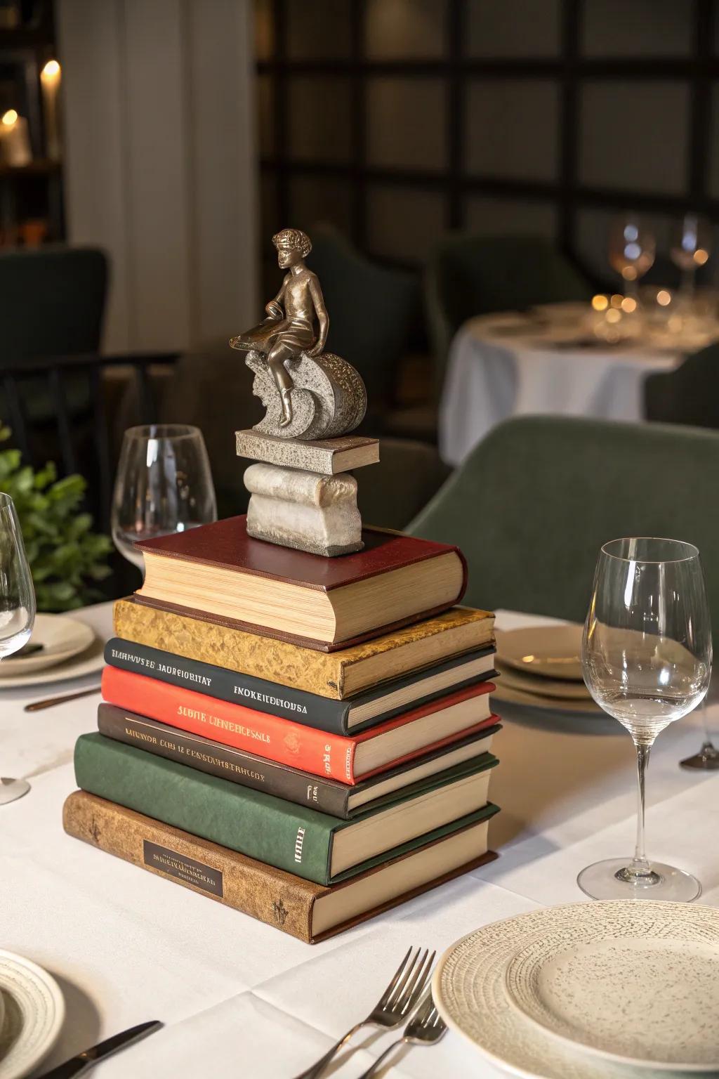 A centerpiece featuring an artful stack of books.