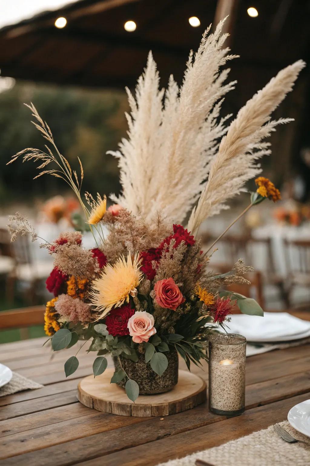 A serene centerpiece showcasing plume grass and delicate roses.