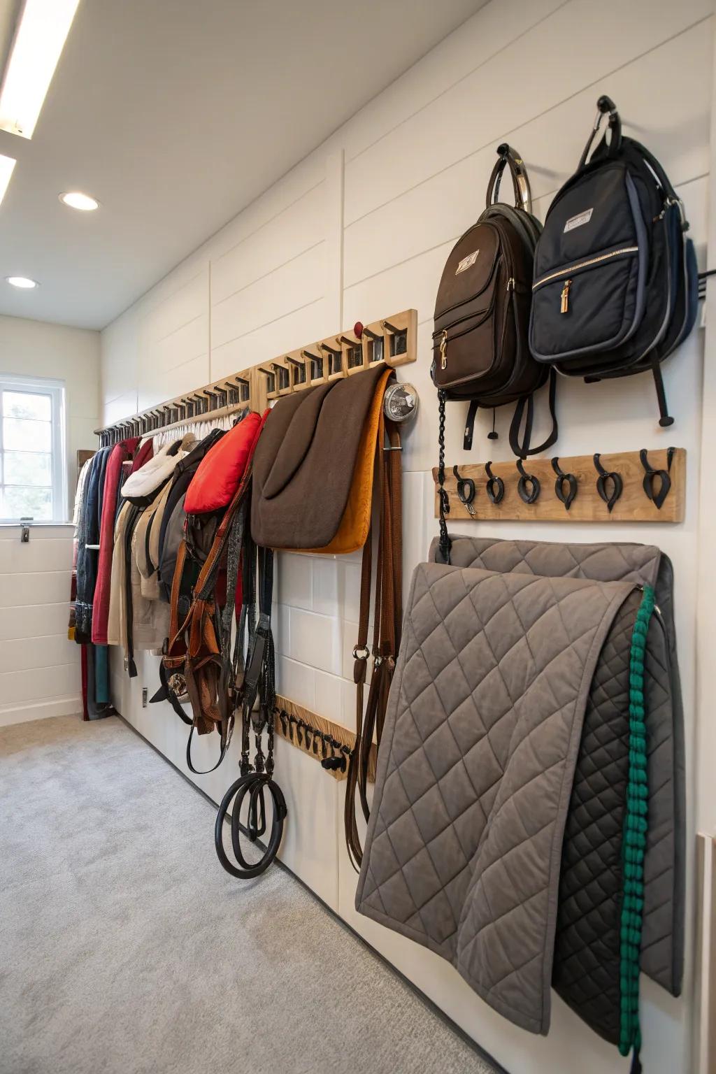 Wall-mounted blanket racks in a tack room for efficient storage.