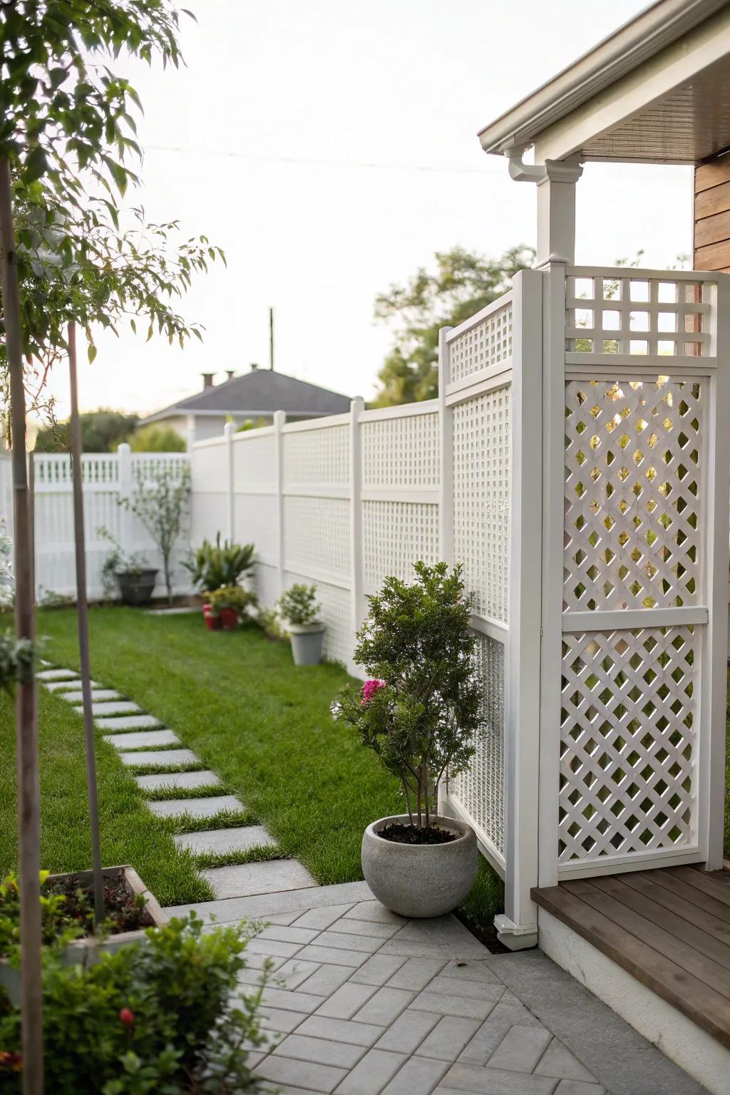 White crisscross screens offering a charming privacy solution.