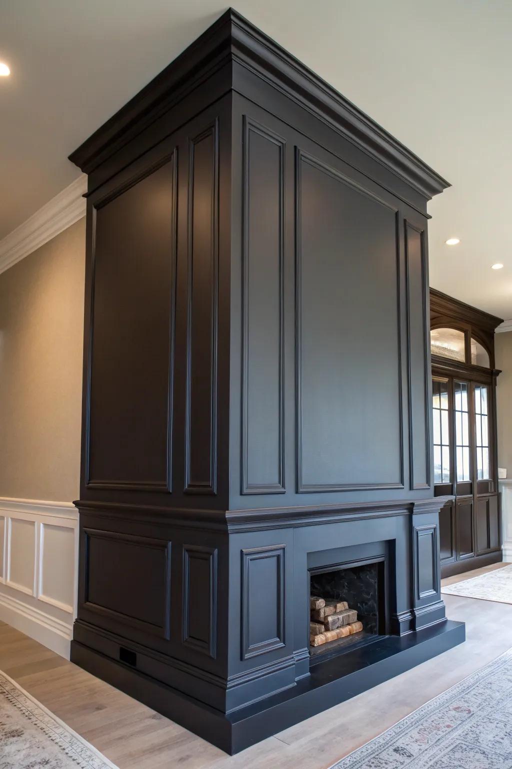 A single-tone dark paint creates a bold statement on a fireplace wall.