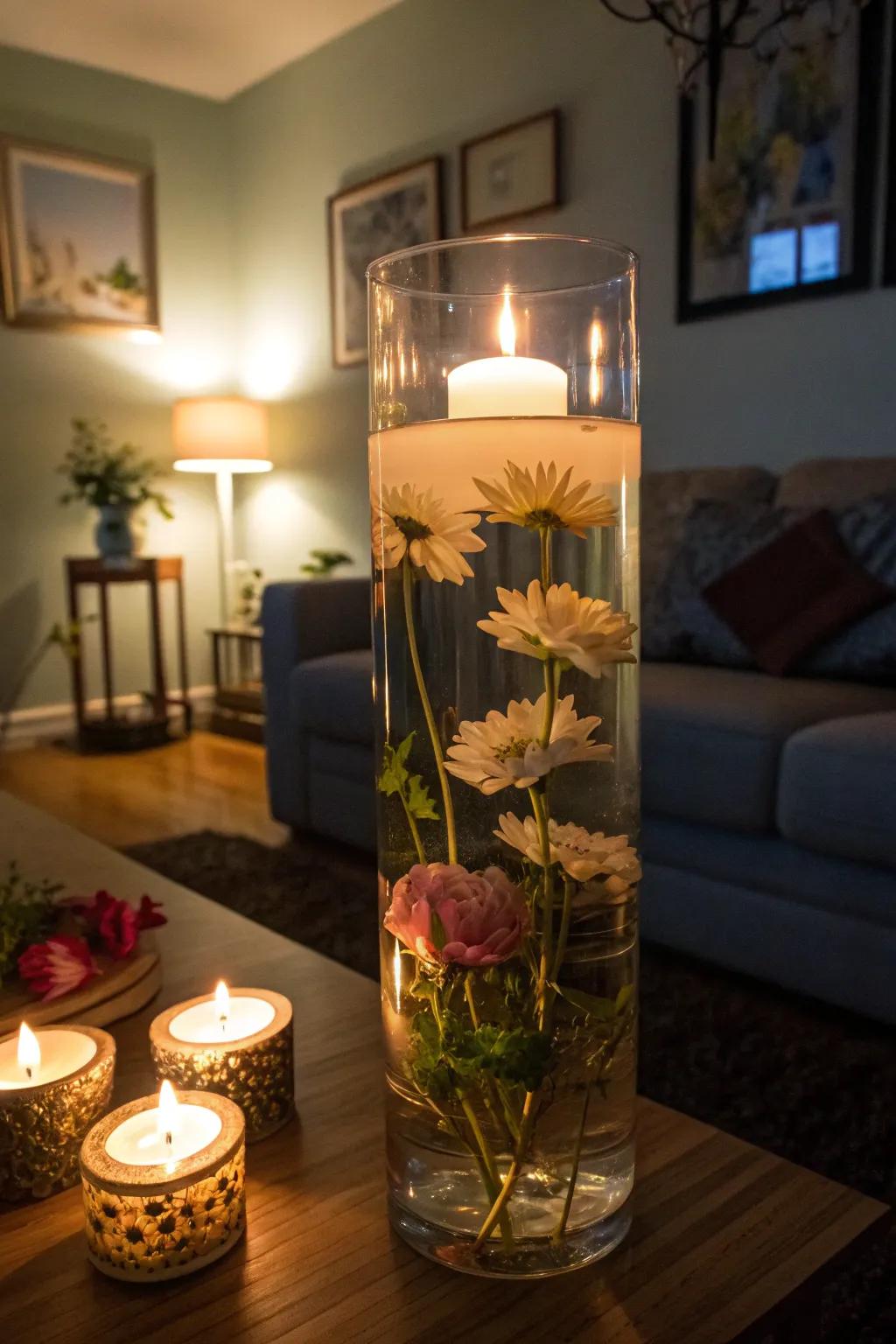 An elevated glass vase transmuted into a luminary receptacle, thereby projecting a snug radiance within a subdued chamber.
