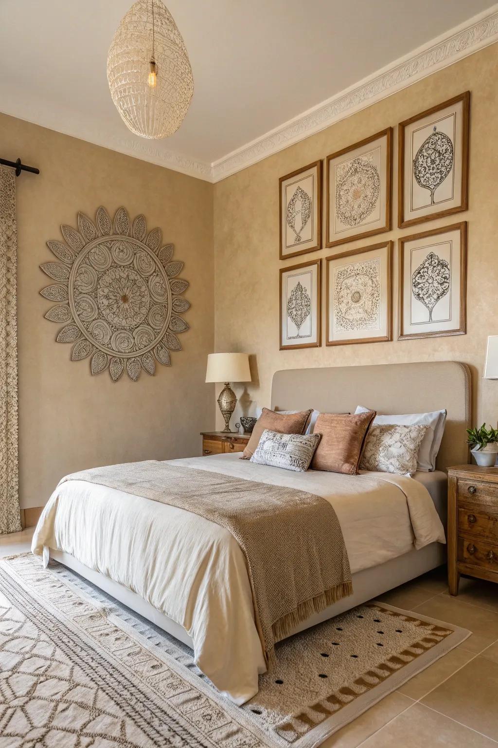 Artistic wall hangings affix charm to the tan aesthetic.