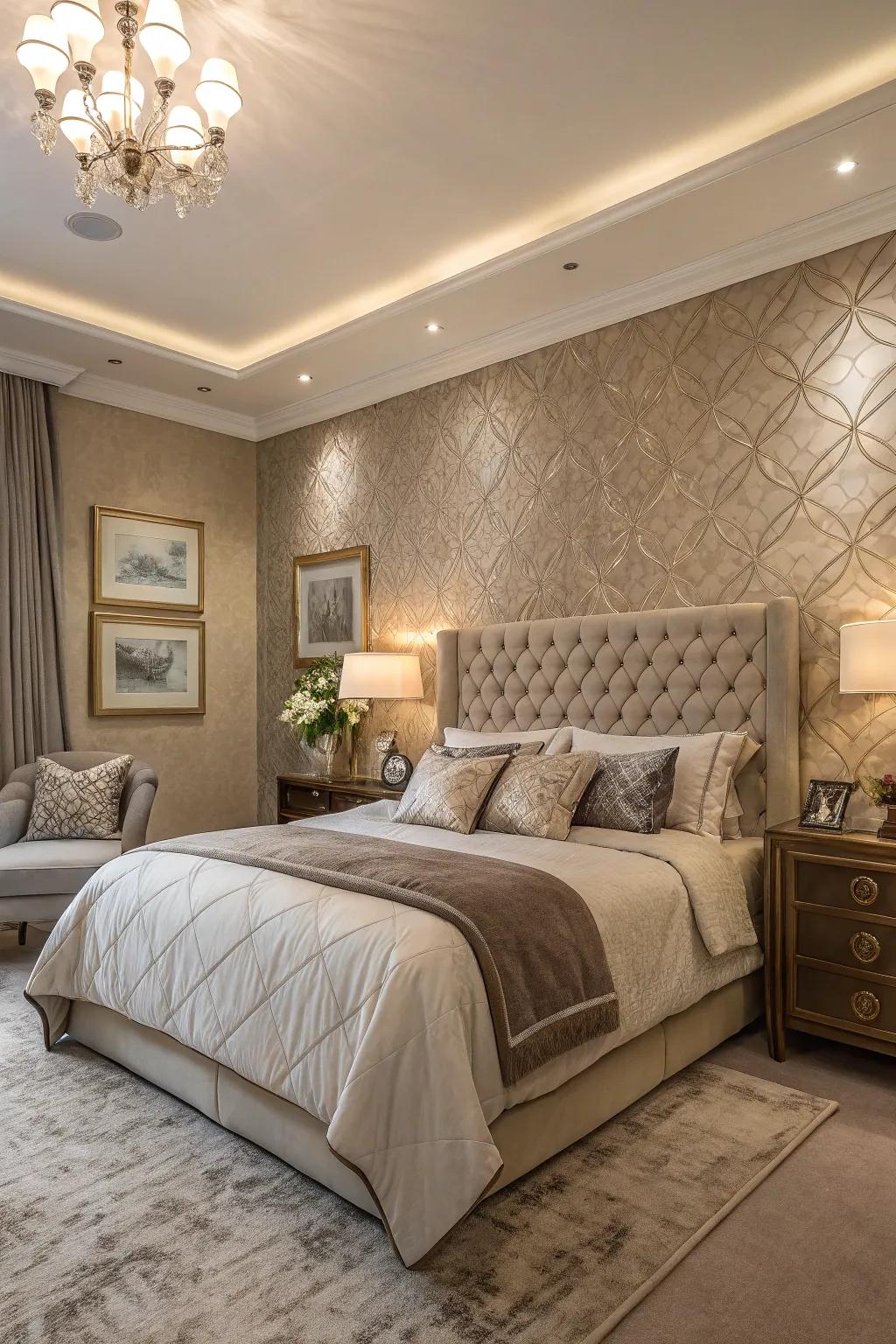 Textured soft brown wall covering adding dimension.