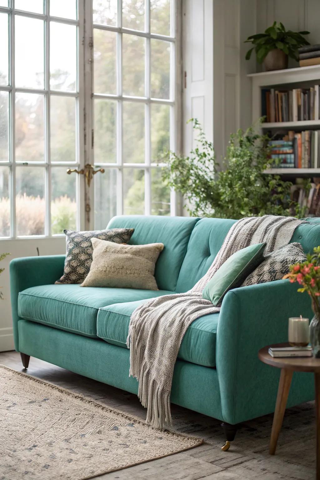 Natural light enhances the vibrant hue of a teal settee.