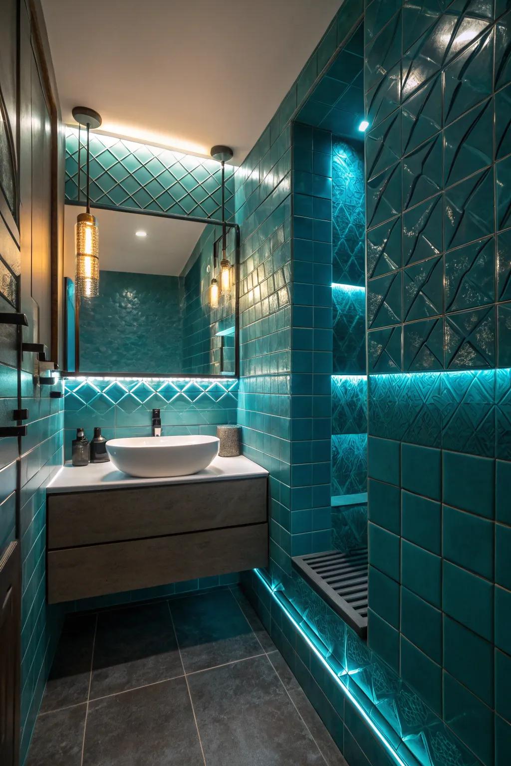 Illumination possesses the ability to enhance the feel and dimension of teal tiling.