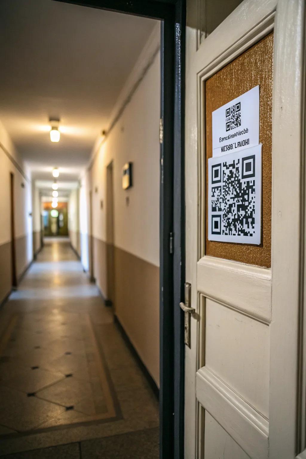 Дверь с QR-кодом, который ведет на персонализированное приветственное сообщение.