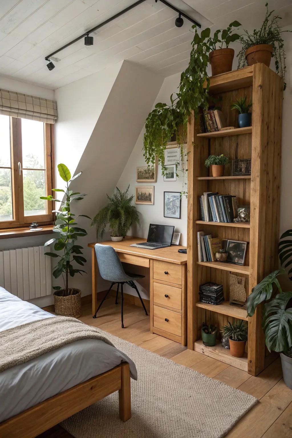 Natural components like wooden accents and plants add warmth to this teen boy's room.