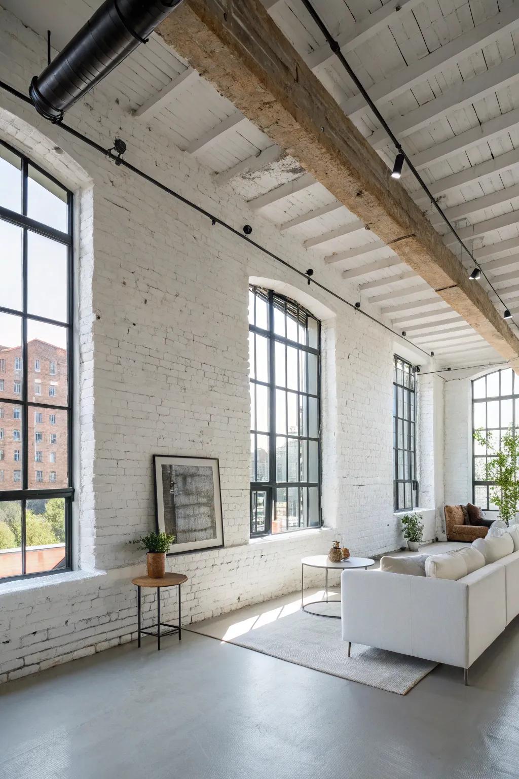 A modern loft featuring painted white brick walls.