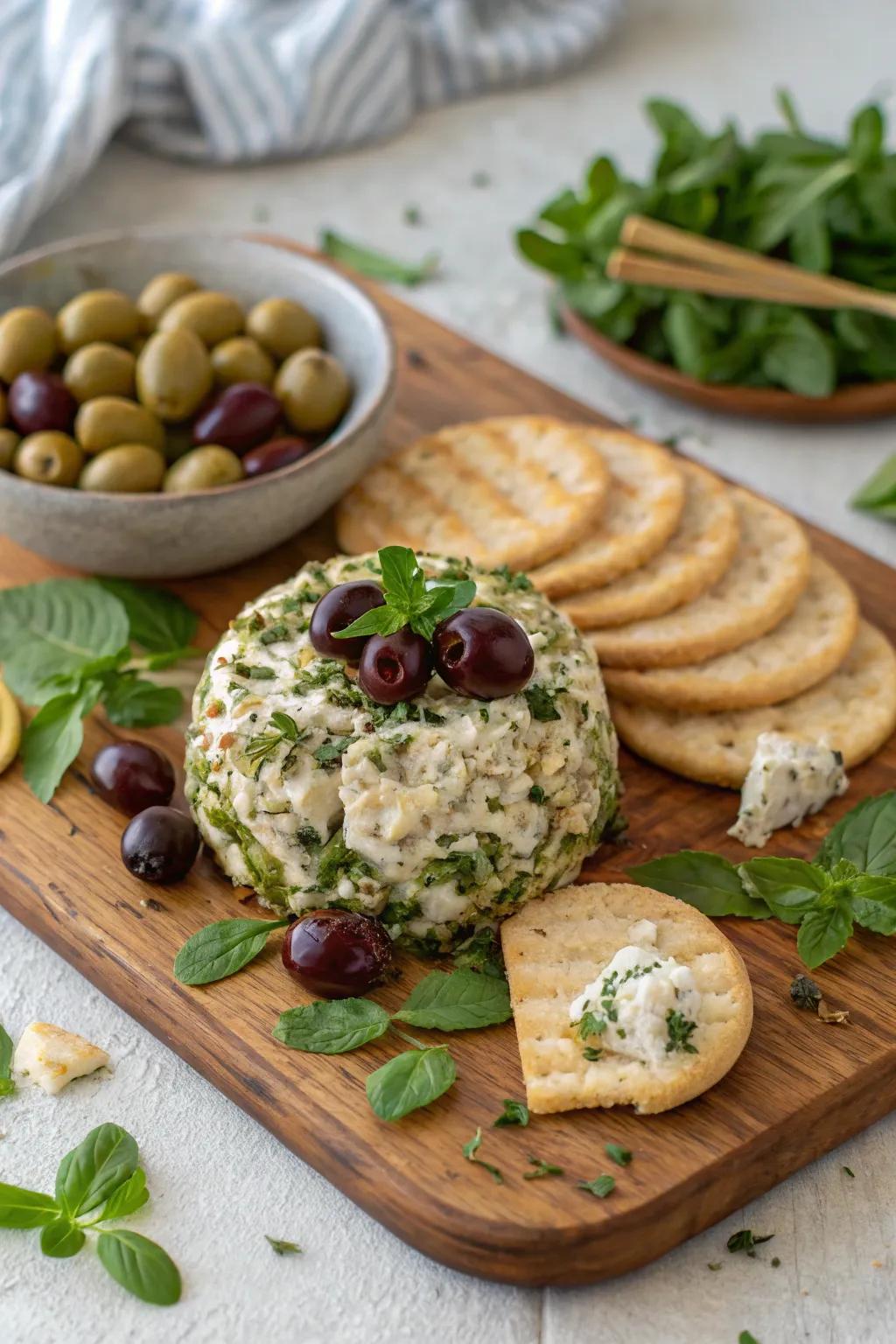 A Mediterranean cheese ball, garnished with olives and feta.