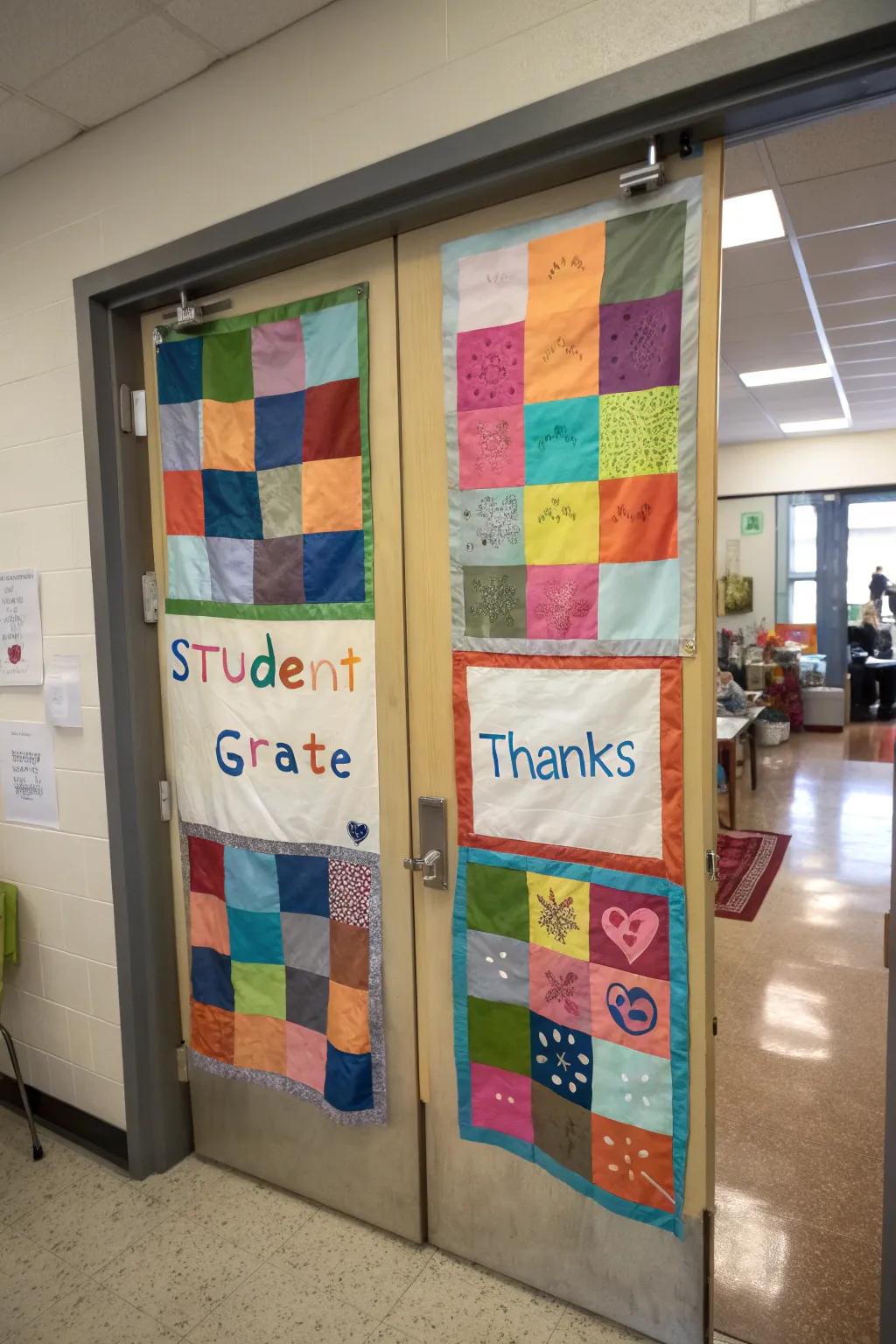 A tapestry-inspired entrance display, exhibiting a patchwork of gratitude.