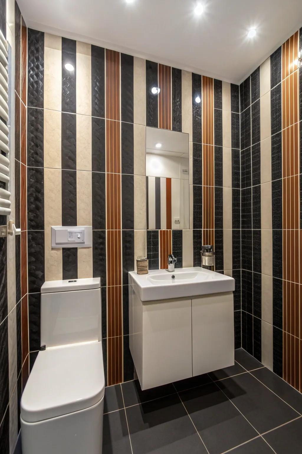 Upright stripes visually lengthen this small washroom.
