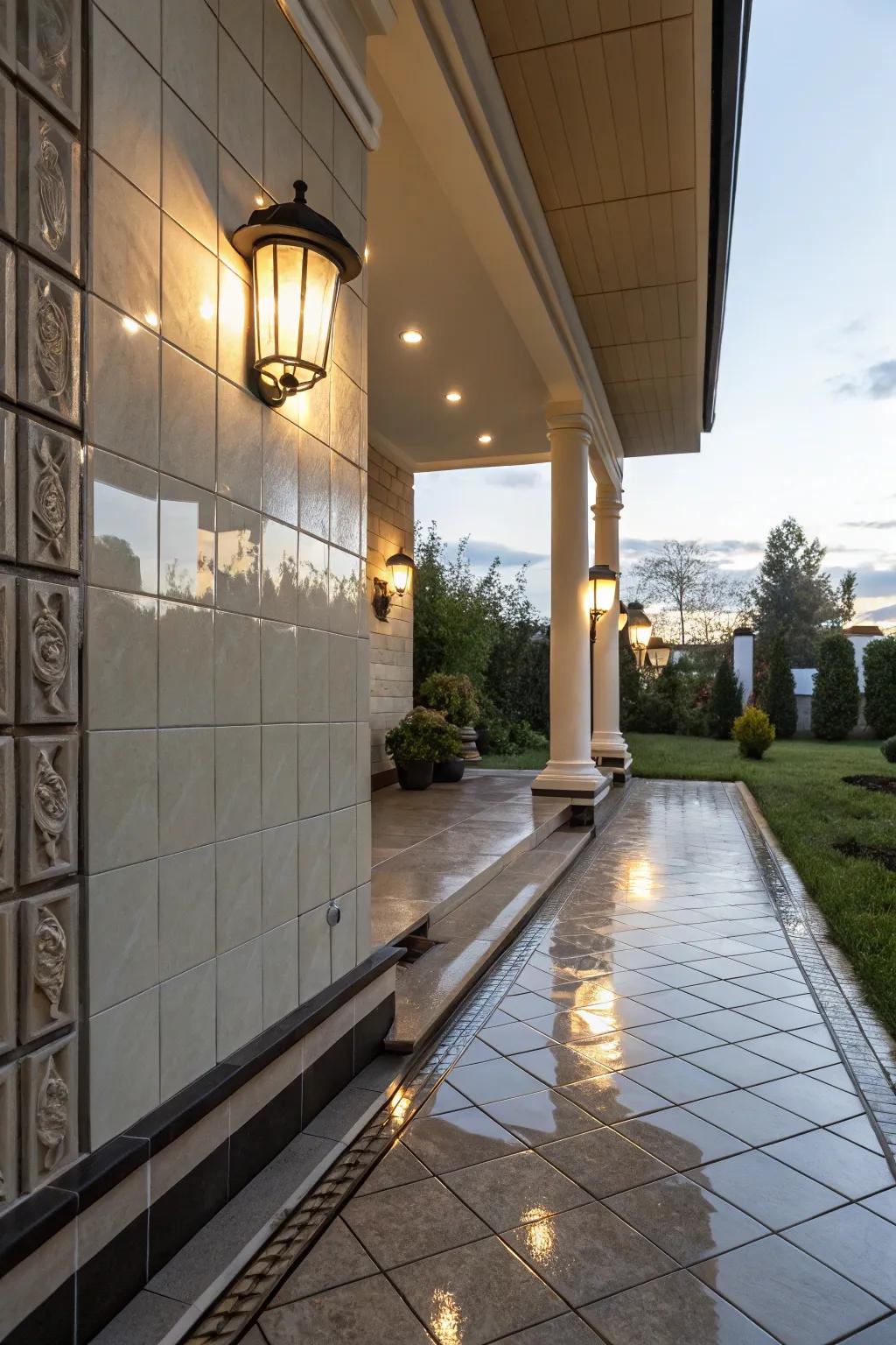 The sophisticated touch of glossy wall tiles enhances this porch.