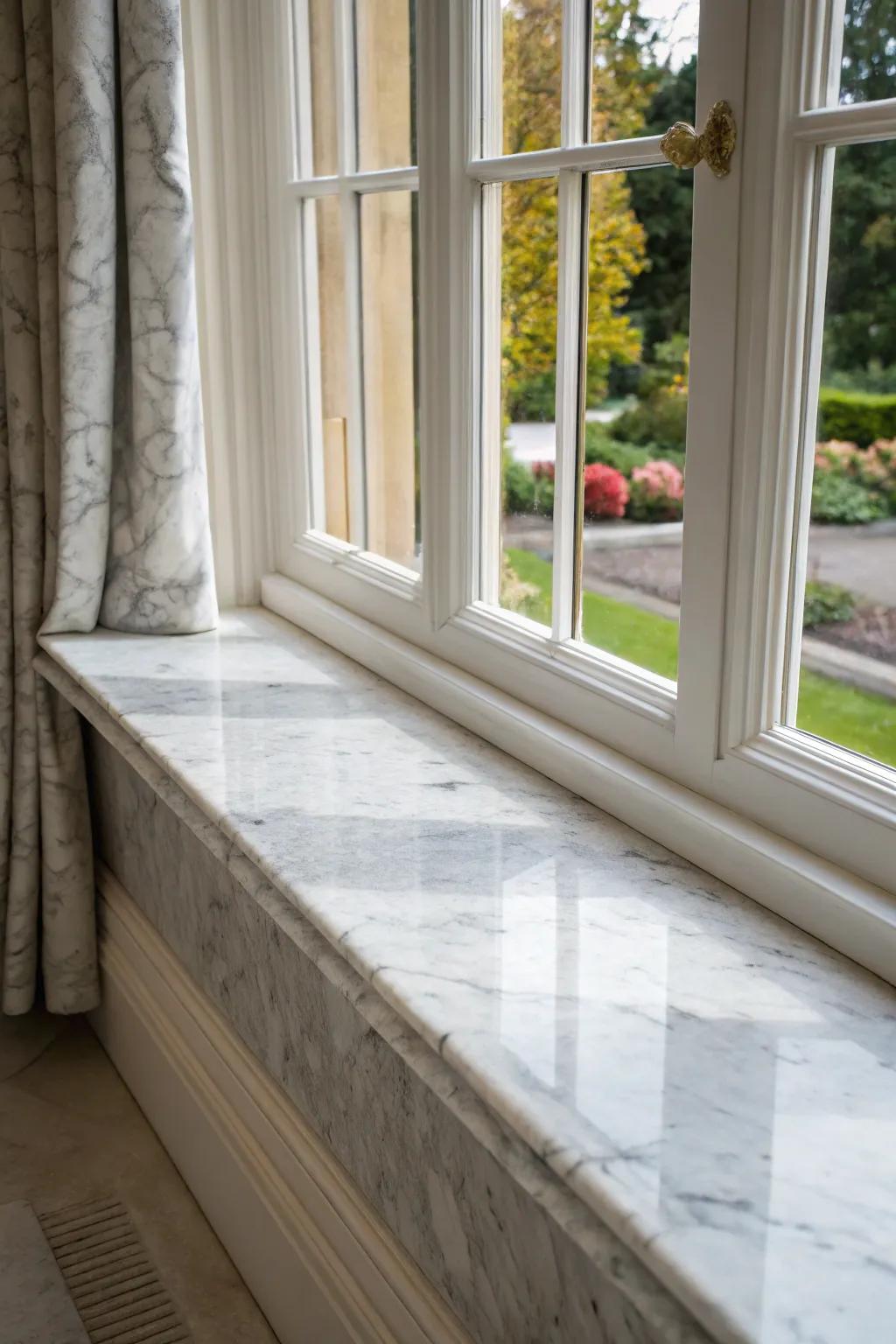 Marble slab tiles impart a sophisticated and graceful tone to this windowsill.