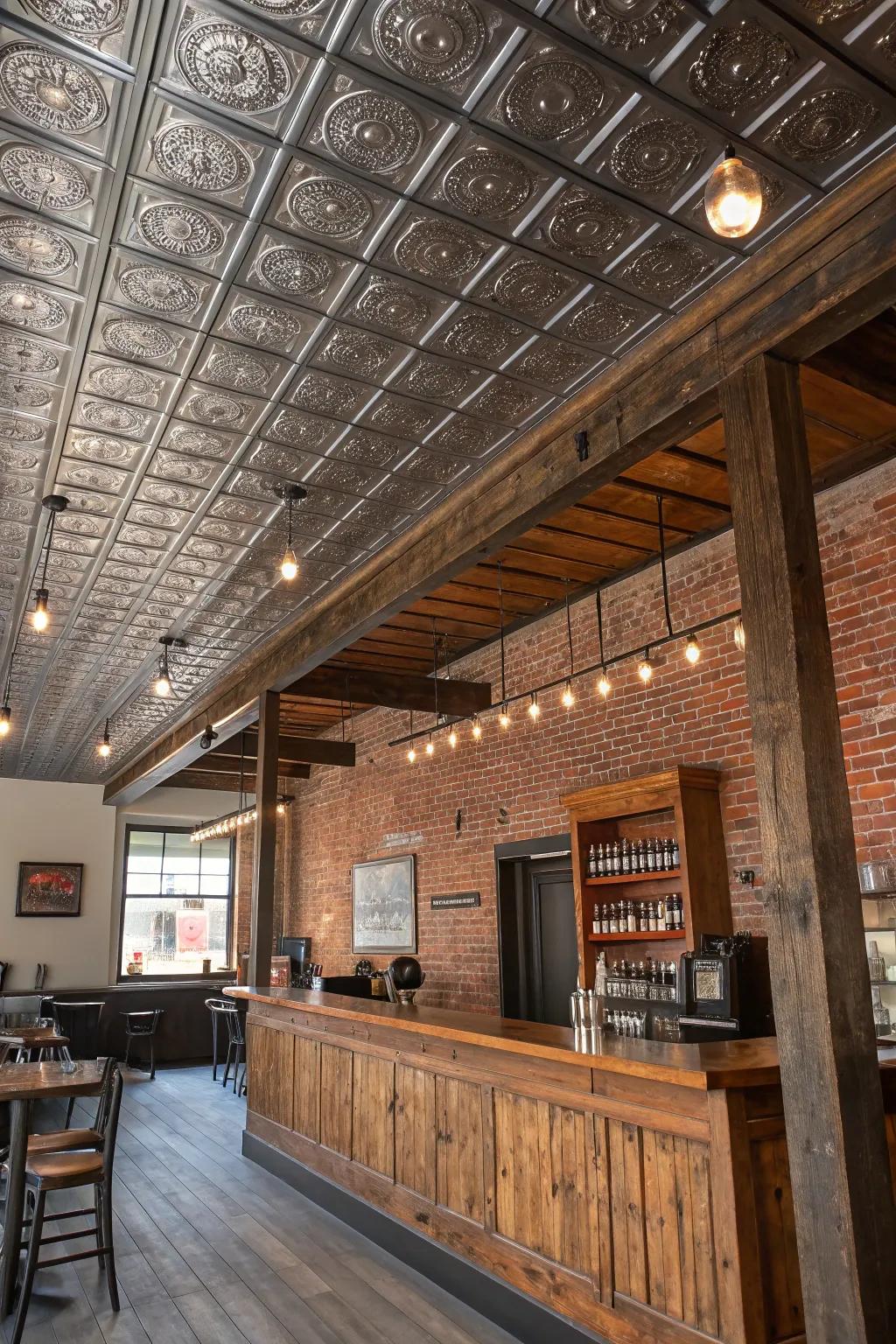 An eclectic mix of metallic material, wood, and brick.