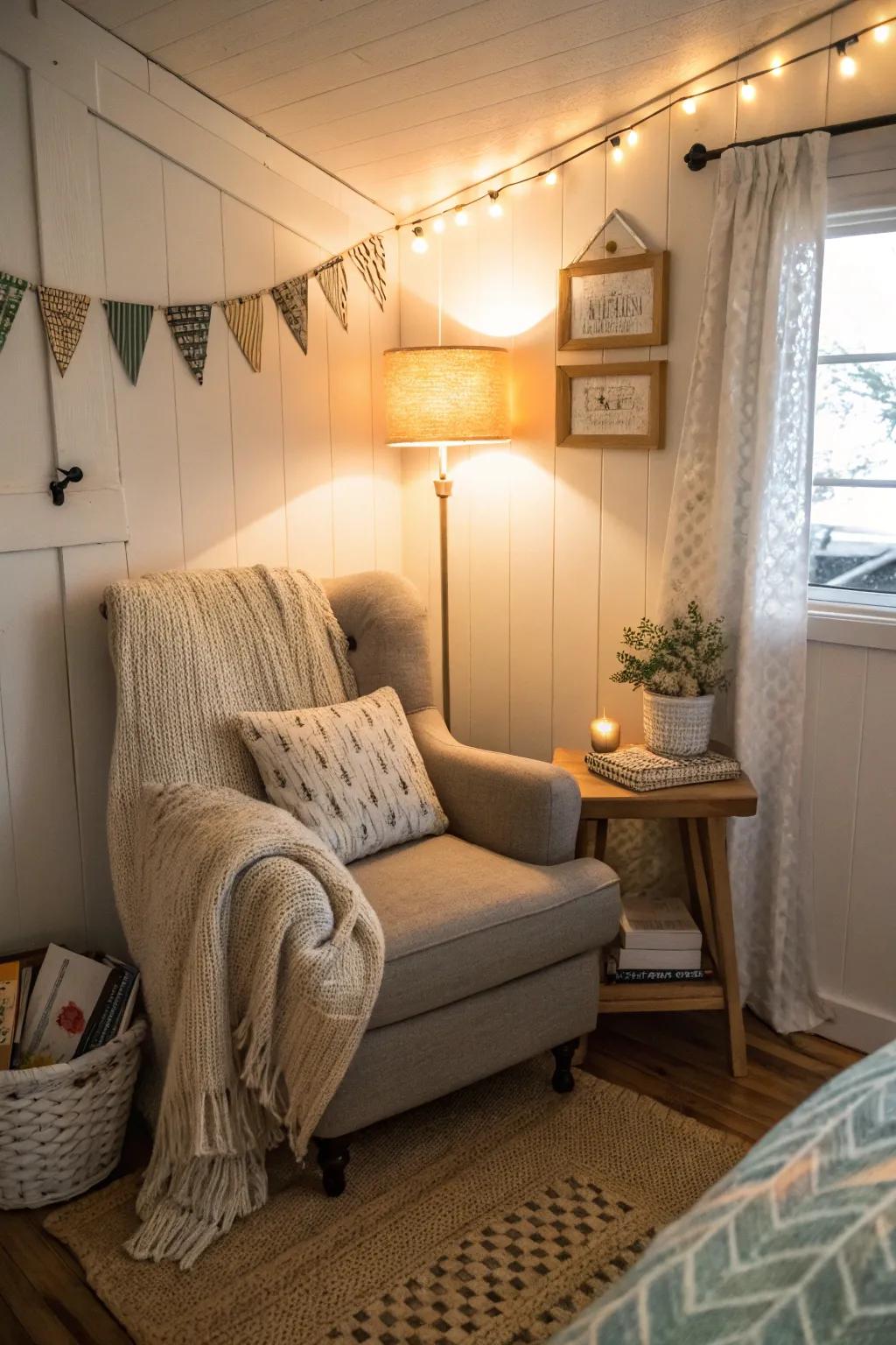 A cozy reading spot giving a private getaway inside the small sleeping space.