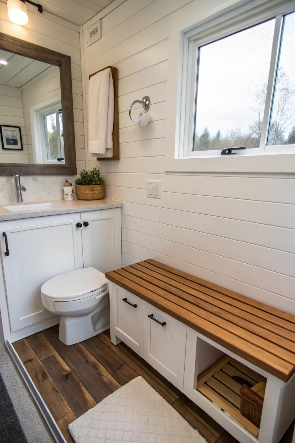 Fold-away features add versatility to this compact bathroom.