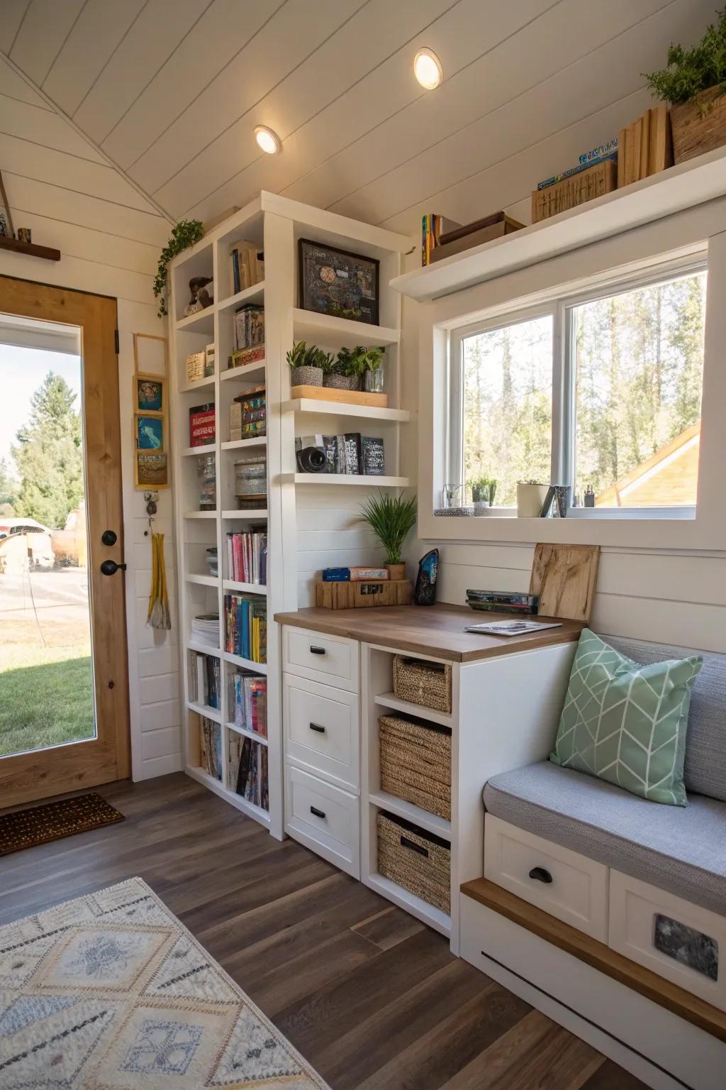 Open shelving offers both functionality and style in this tiny house.
