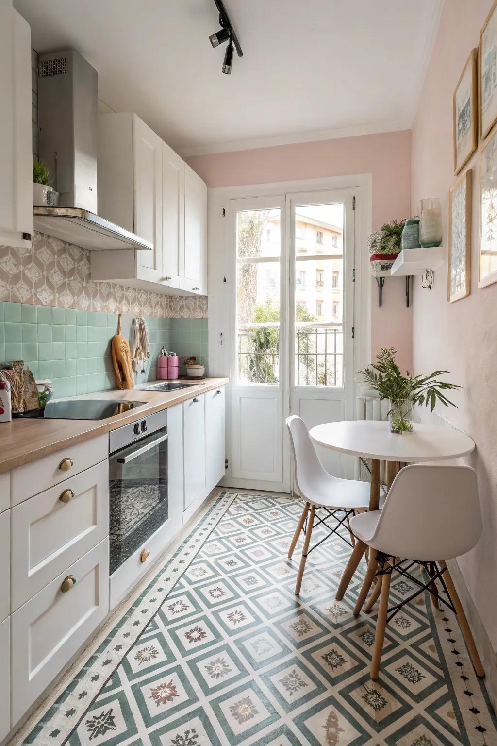 Patterned floors add style and the illusion of space in a small kitchen.