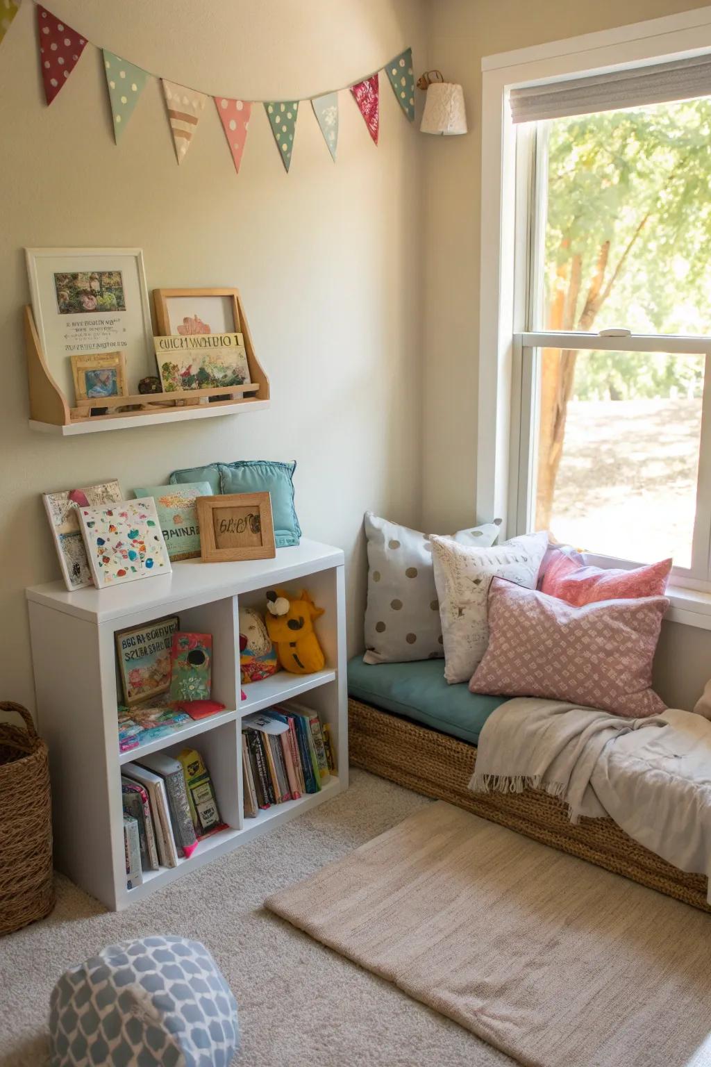 A cozy reading alcove is perfect for quiet time and stories.