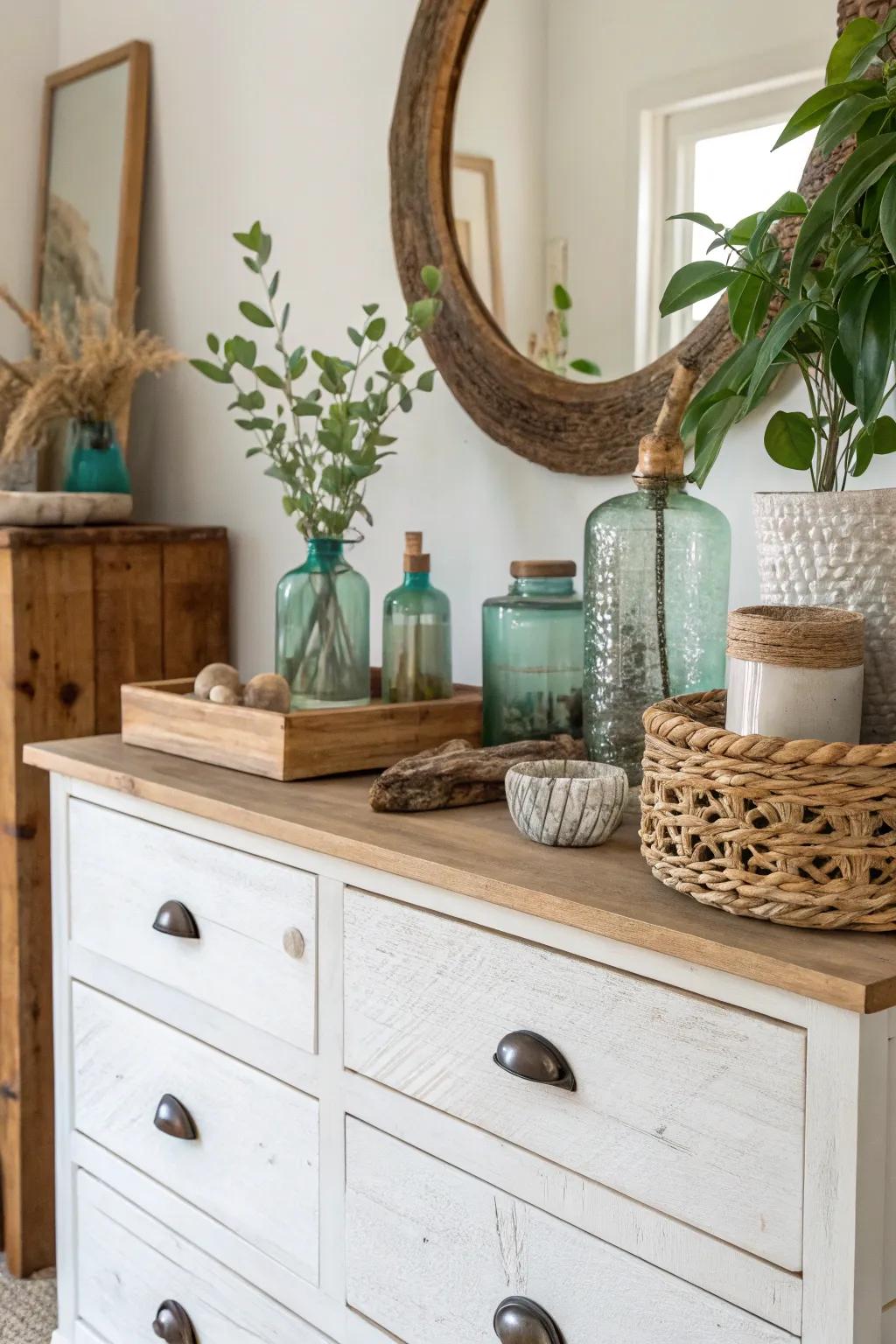Eco-friendly items infuse beauty and sustainability into a dresser.