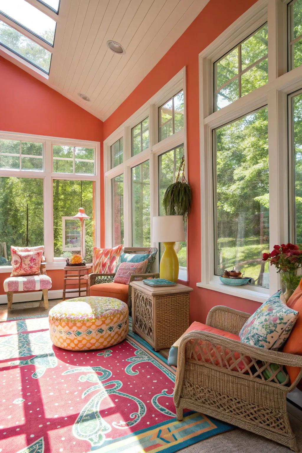Salmon accents in a sunroom providing vibrant energy and style.