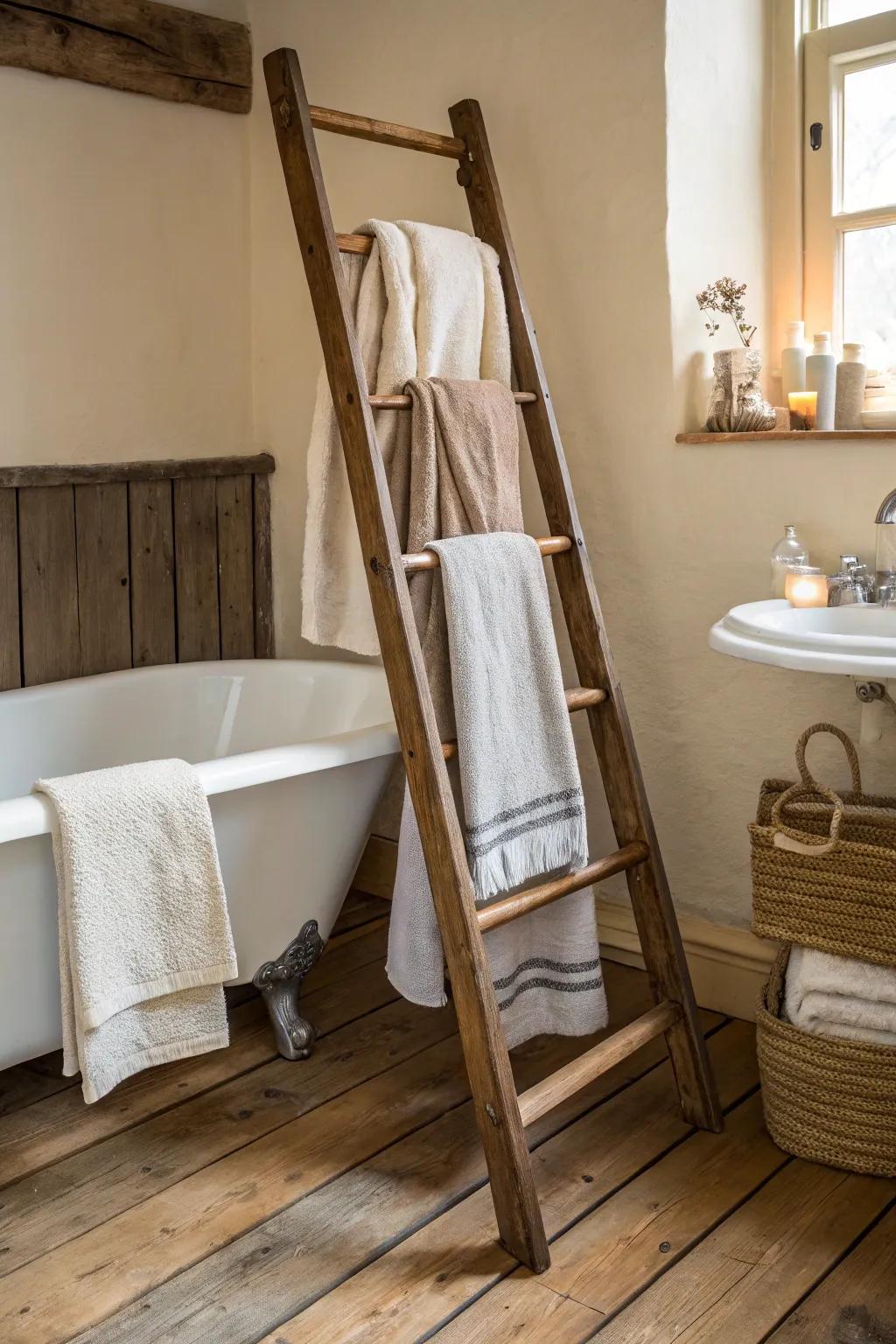 An old rack adds old-fashioned charm to towel storage.
