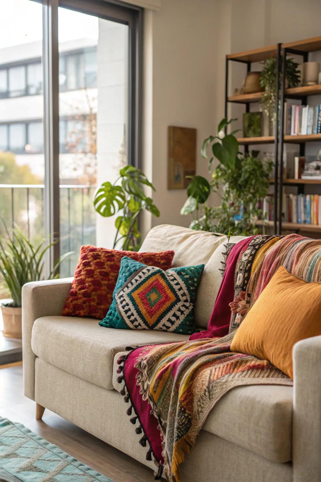 Sofa adorned with colorful cushions and throws