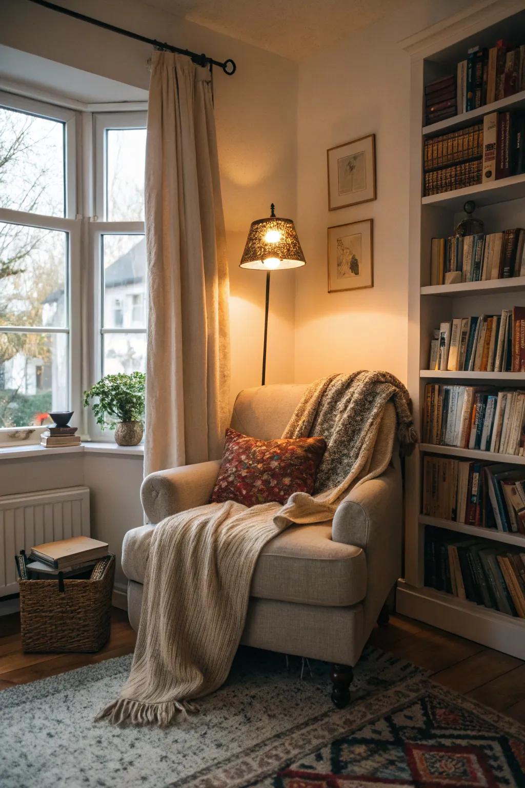A perusing alcove offers a charming retreat within the lounge.