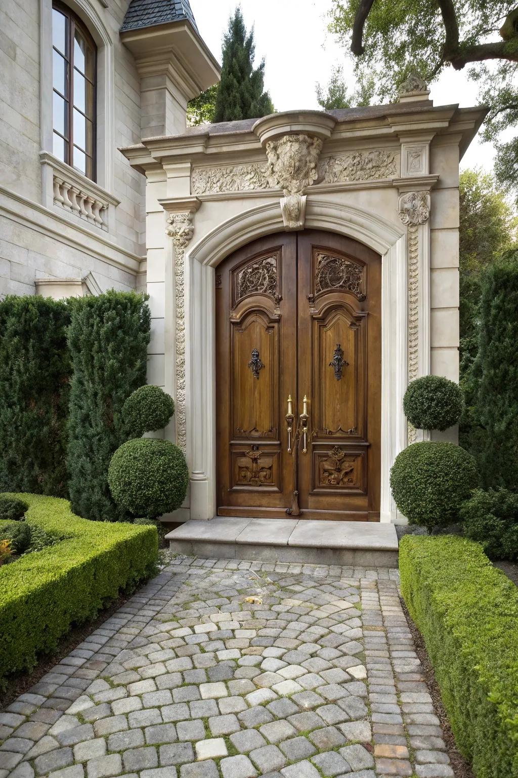 Split doors provide a grand and embracing entrance.