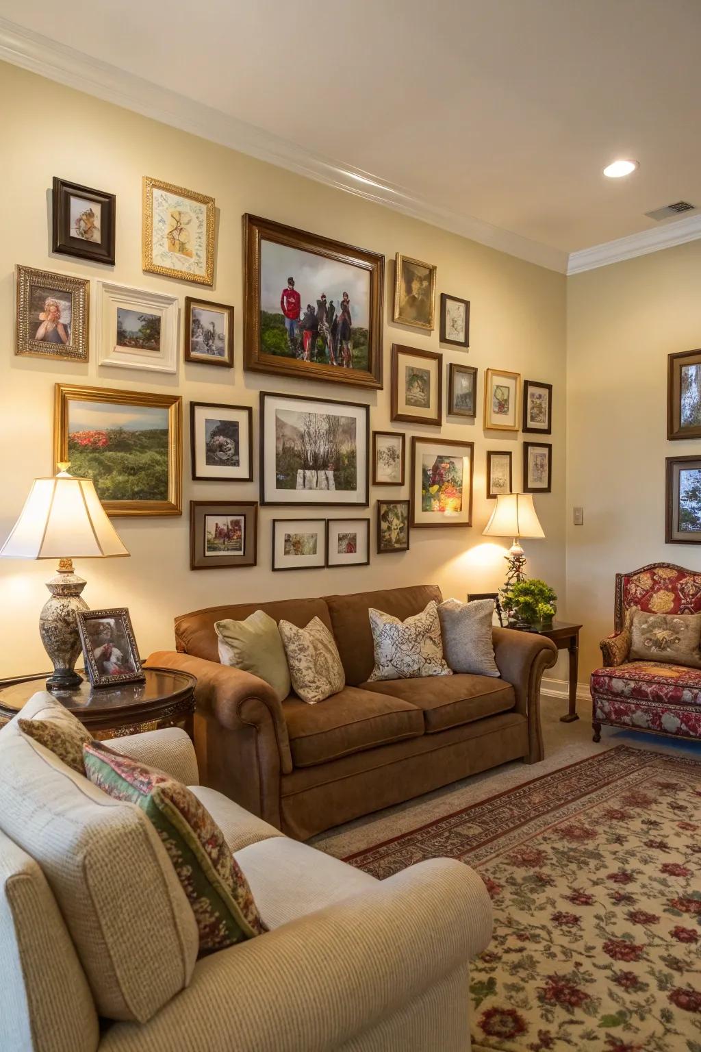 A gallery wall adds personality to this traditional relaxation space.