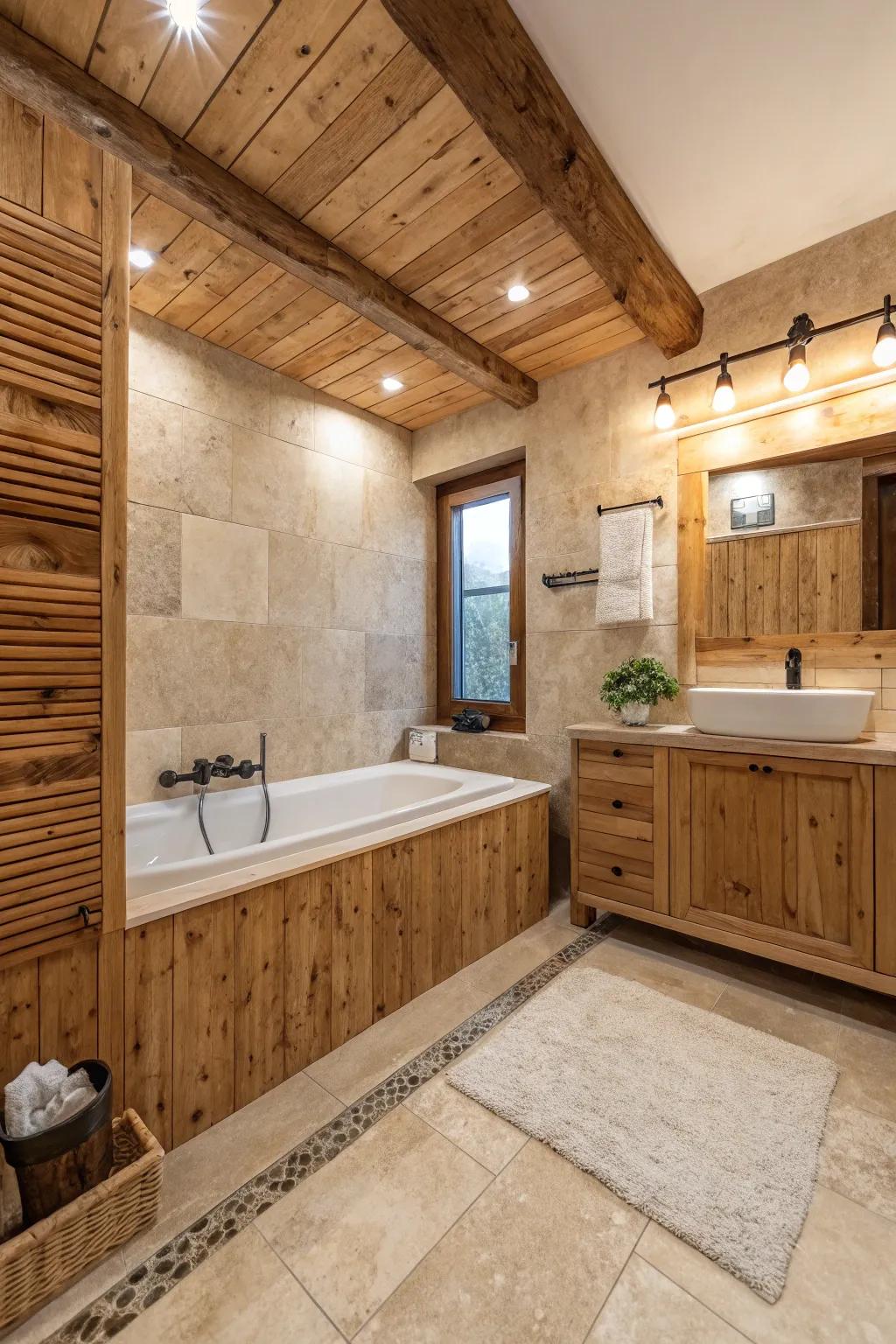 A travertine bathroom highlighted by eco-friendly reclaimed wood accents.