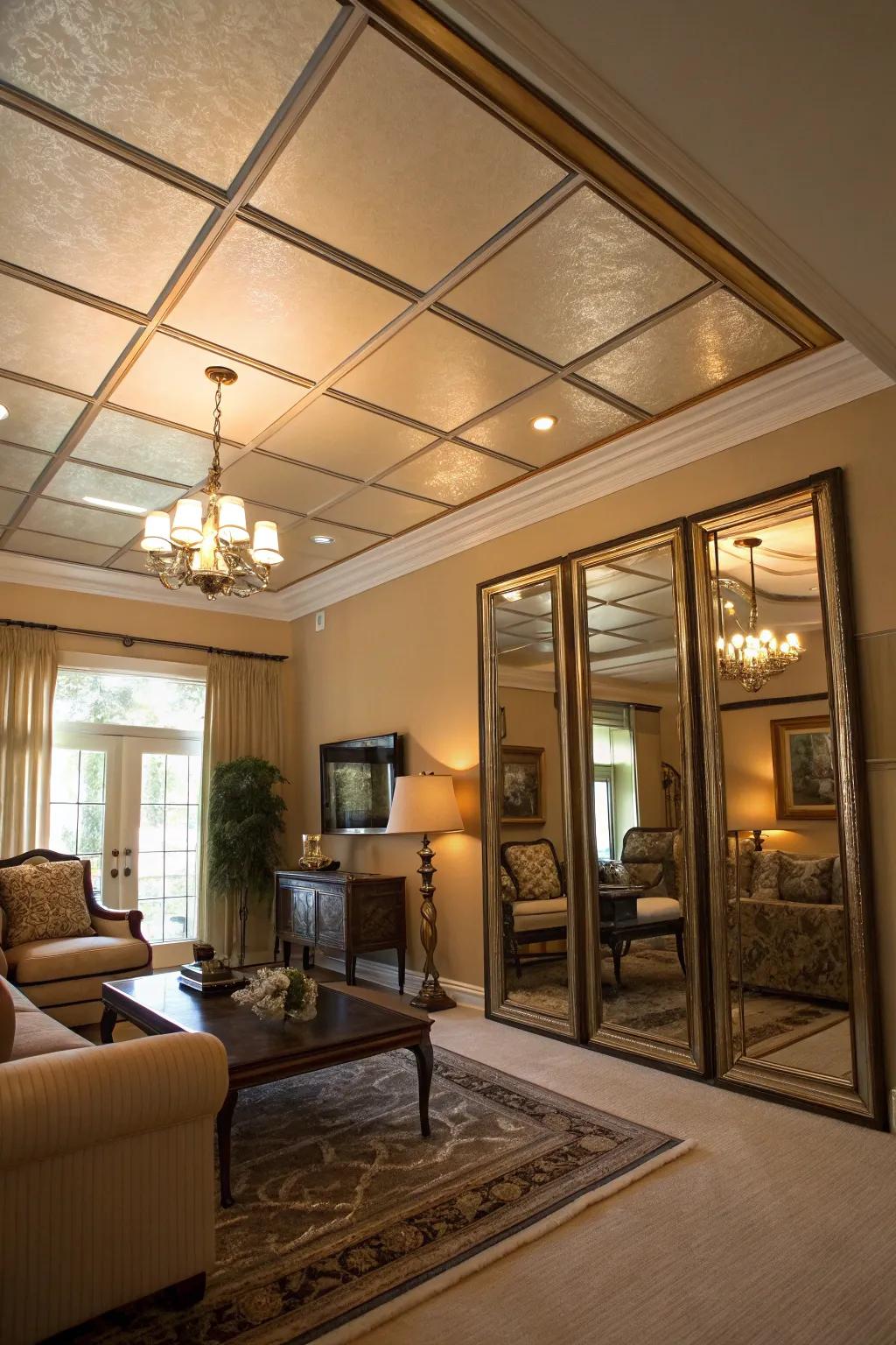 A living room with mirrored panels in the tray ceiling for added depth.
