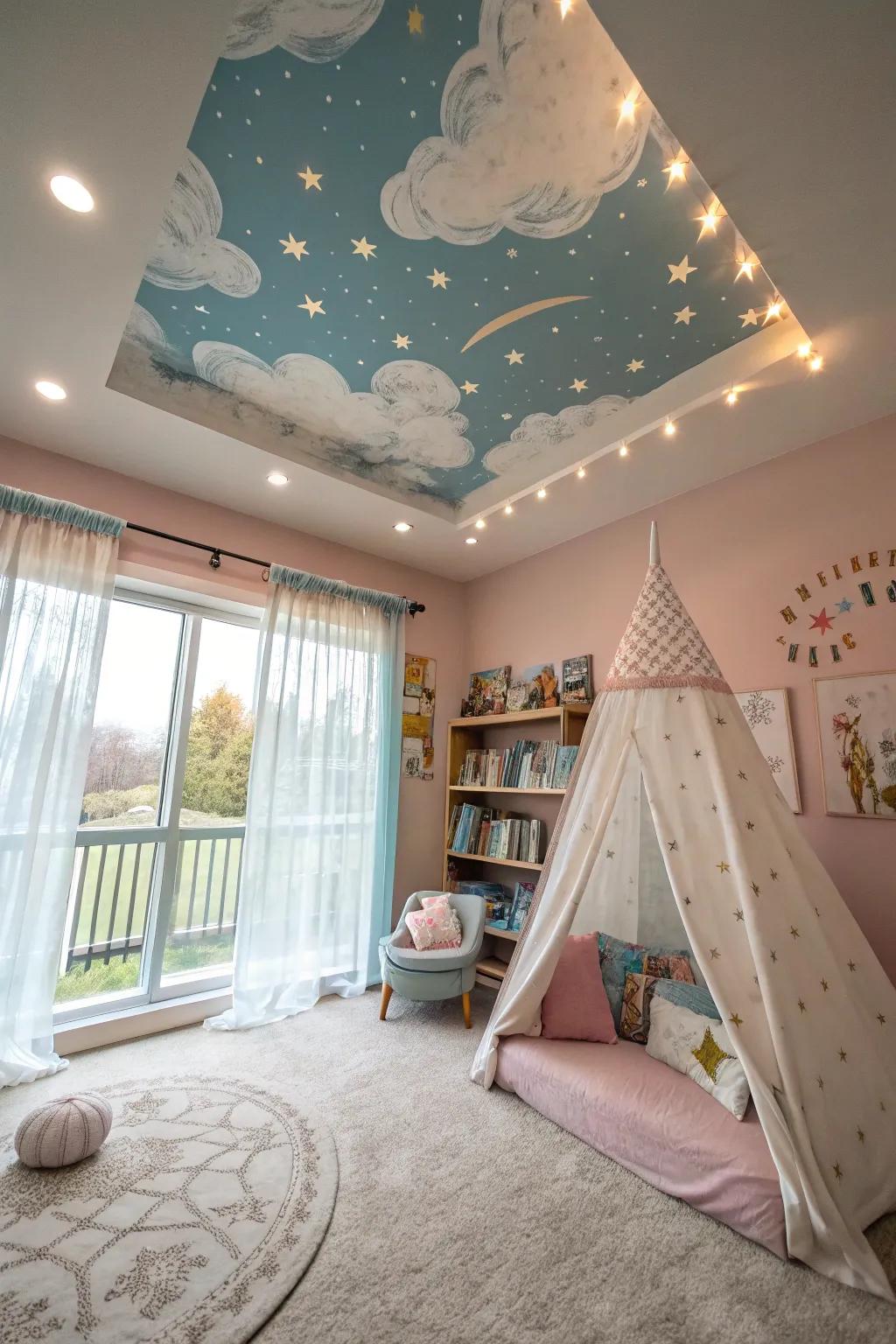 A whimsical room showcasing a tray ceiling with a sky-themed mural.