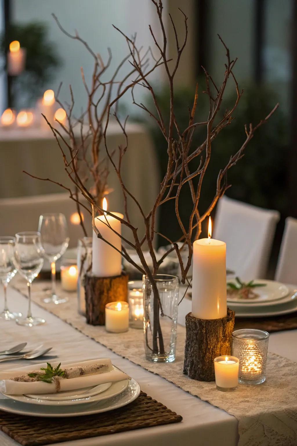 Setting for dining enhanced by branches used to hold lights.