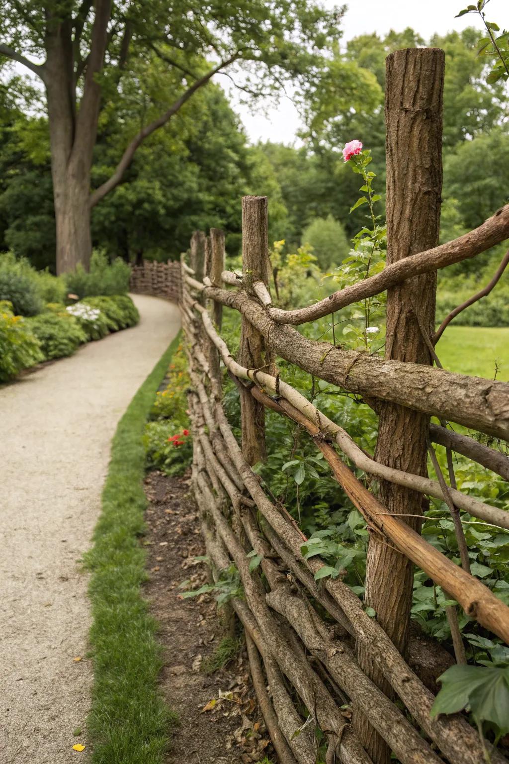 Intertwined branches and logs create a natural fence.