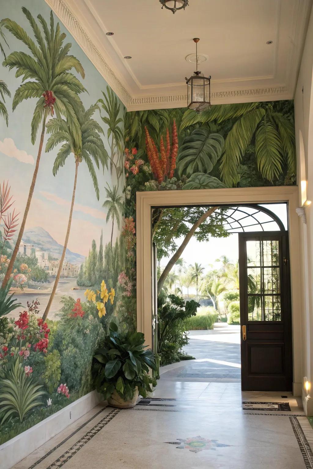 A wall painting crafts a stunning visual focal point in your entryway.