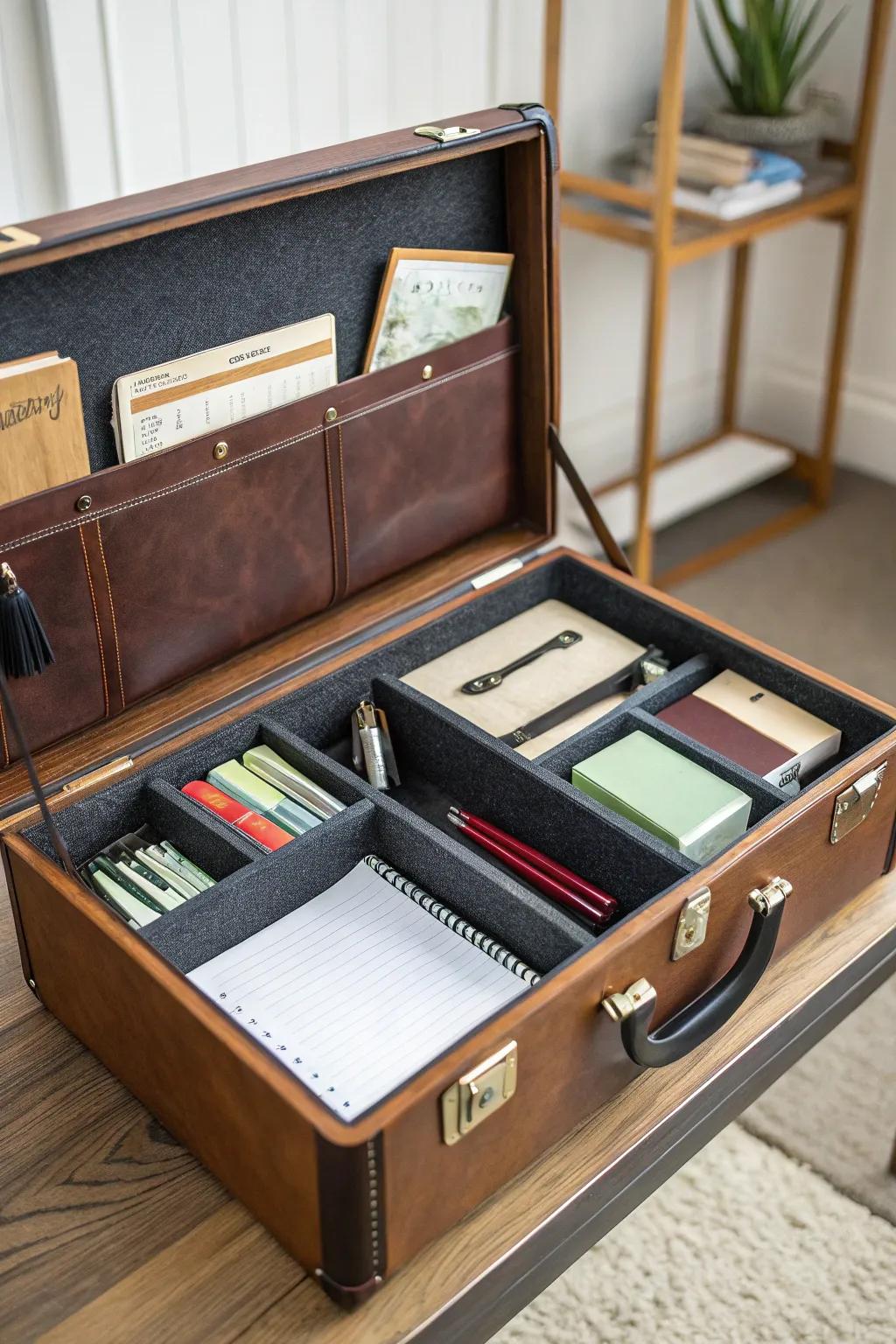 A trunk providing stylish and efficient storage in a modern home office environment.