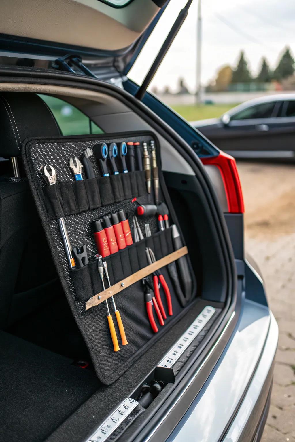 A magnetic strip keeps tools organized and accessible in the trunk.