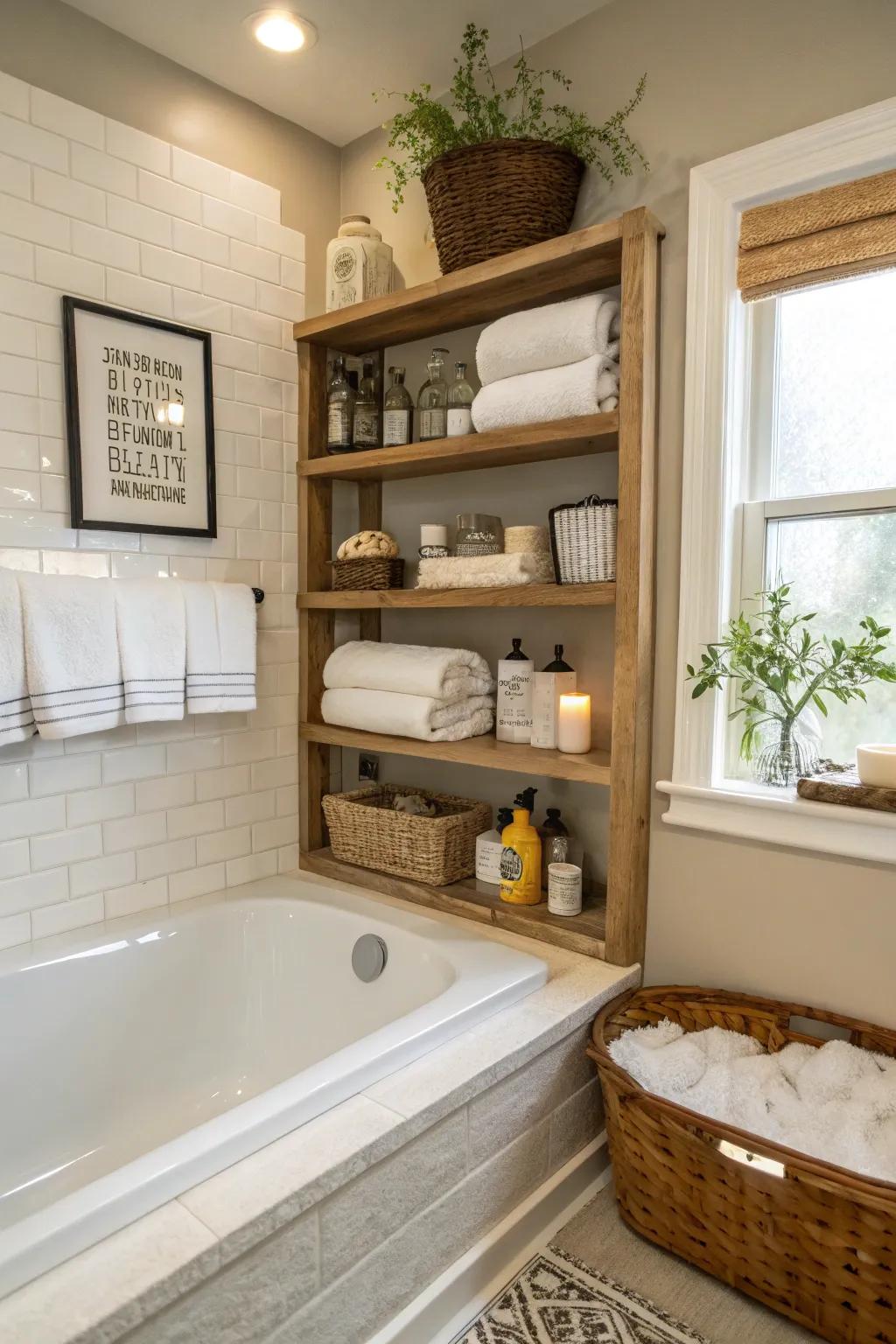 Integrated shelving retains bathing essentials arranged and accessible.