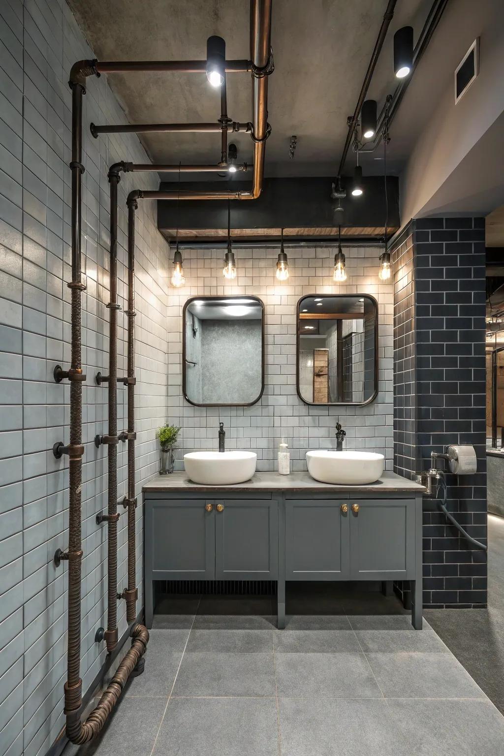 Exposed pipes give an industrial chic feel to the tub-in-shower bathroom.
