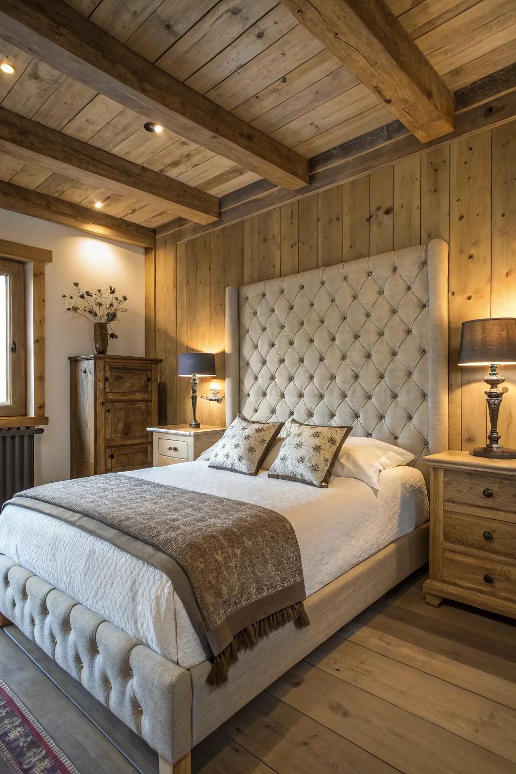 A rustic bedroom features a cozy tufted headboard.