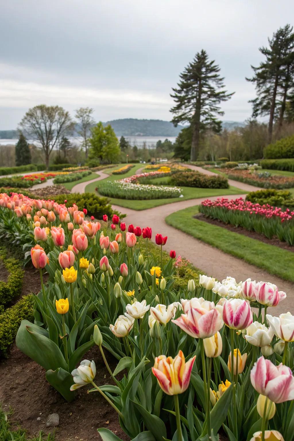 An array of novel tulip varieties adding drama and intrigue to the garden.