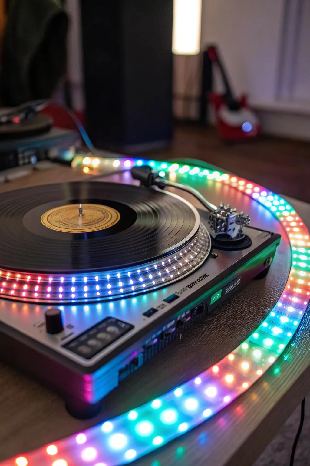 Music-sync LED strips creating a vibrant light display.