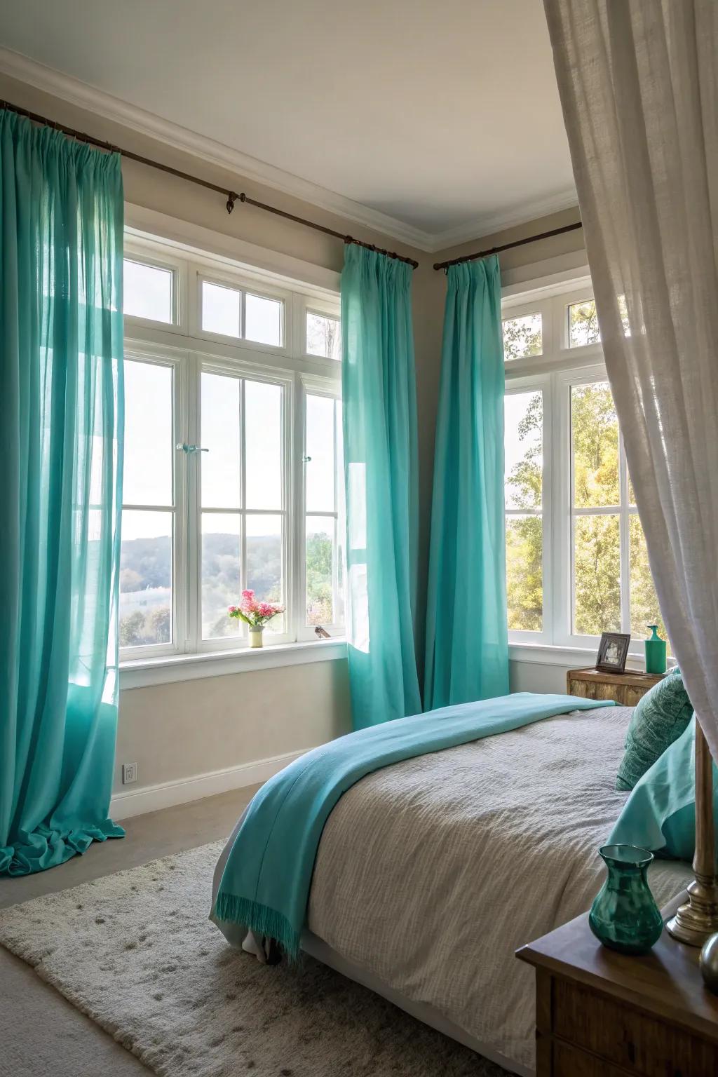 Turquoise window coverings temper the influx of light and amplify the atmosphere of this bedroom.