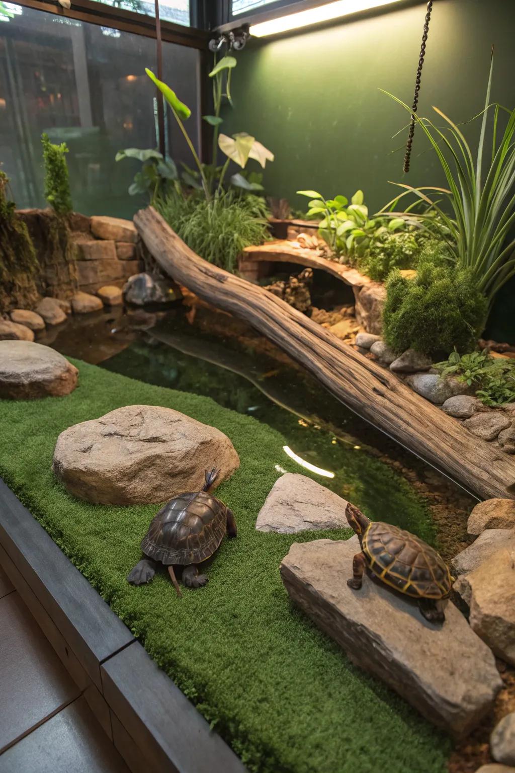 Imitation lawn offers a soft and relaxing area for your turtle.