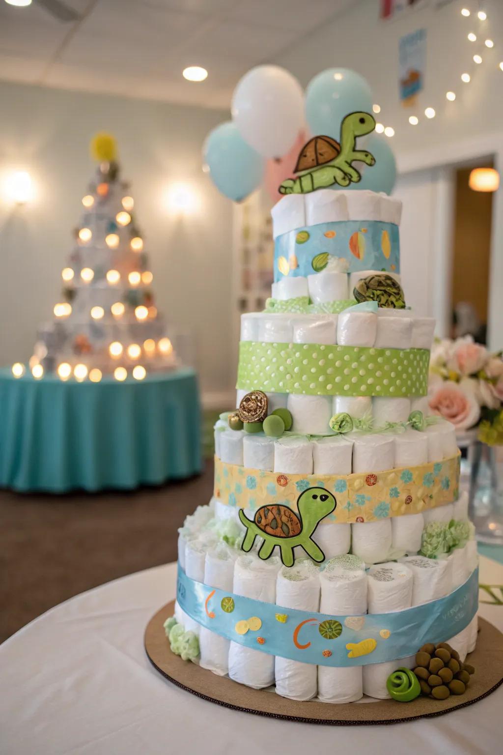 A practical and beautiful turtle-themed diaper sculpture.