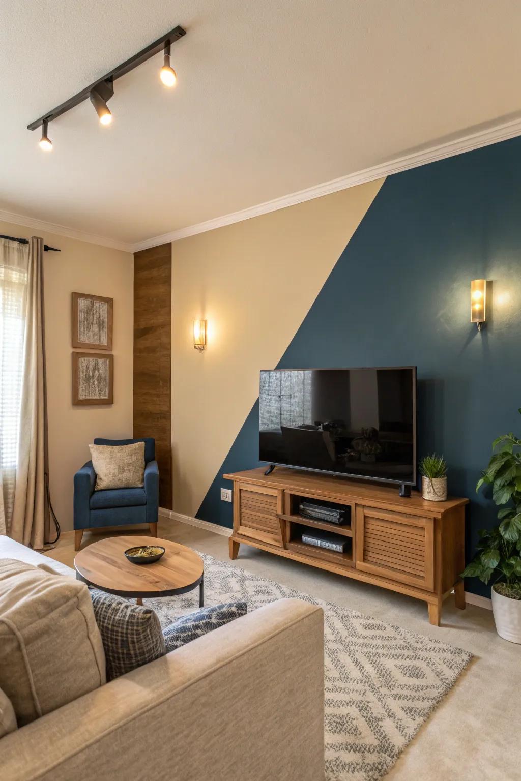 Two-tone colors fashion a sophisticated contrast on this TV feature wall.