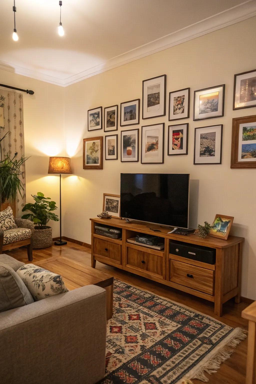 A personalized TV wall adorned with a gallery of cherished photos.