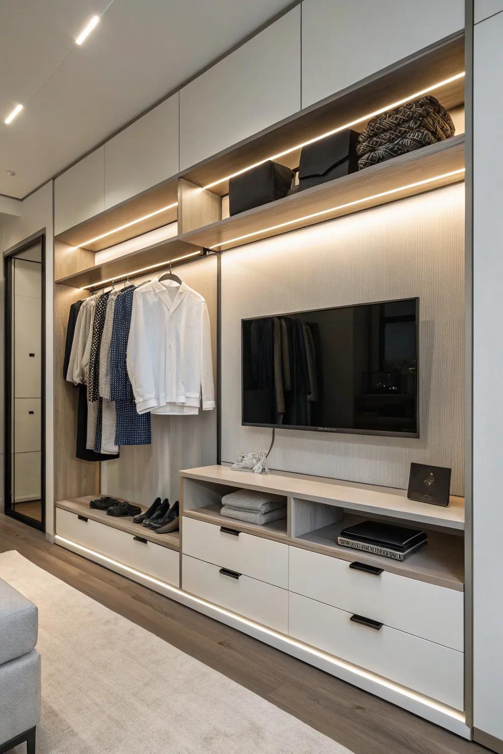 A wall-attached shelf delivers a minimalist solution for TV placement.